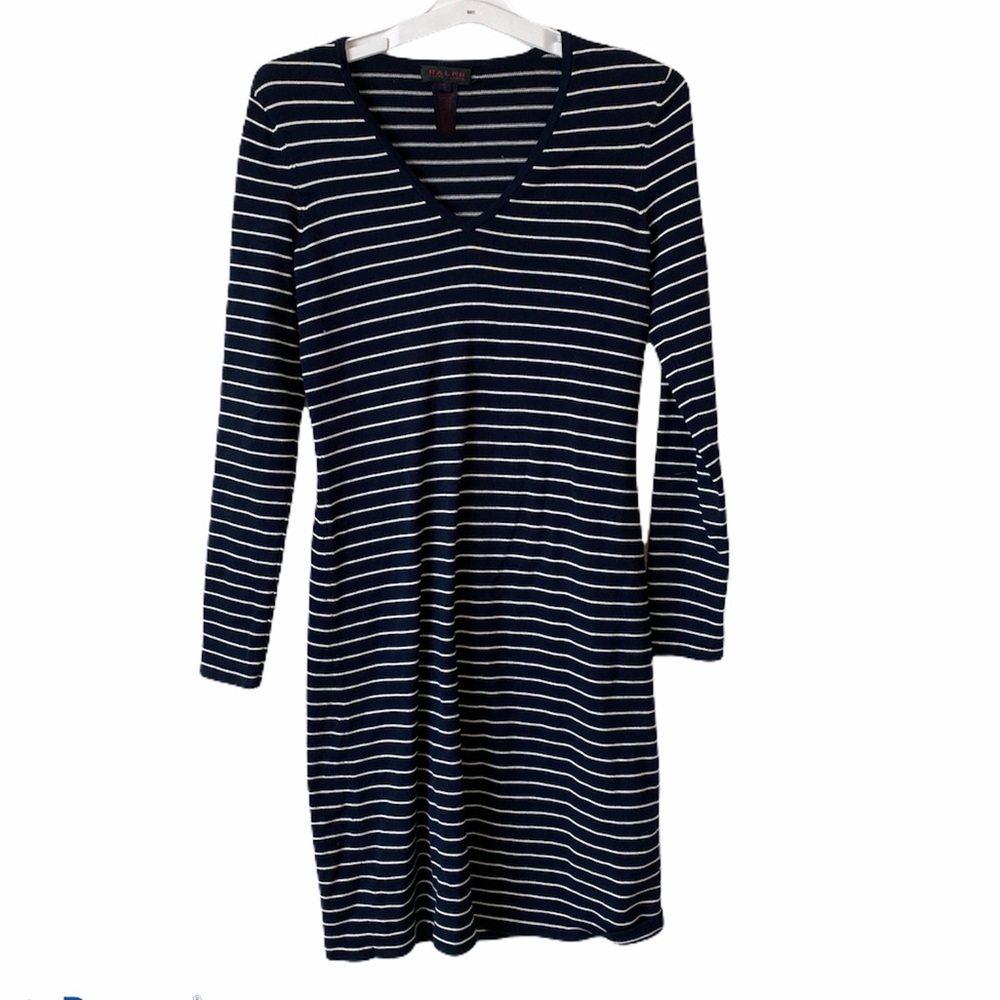 Ralph Lauren VTG Tartan Plaid Label Navy Striped Dress Cotton Long Sleeve Sz S